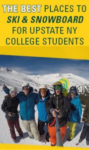 The best places to ski and snowboard for upstate New York college students with an image of students posing on top of a ski mountain
