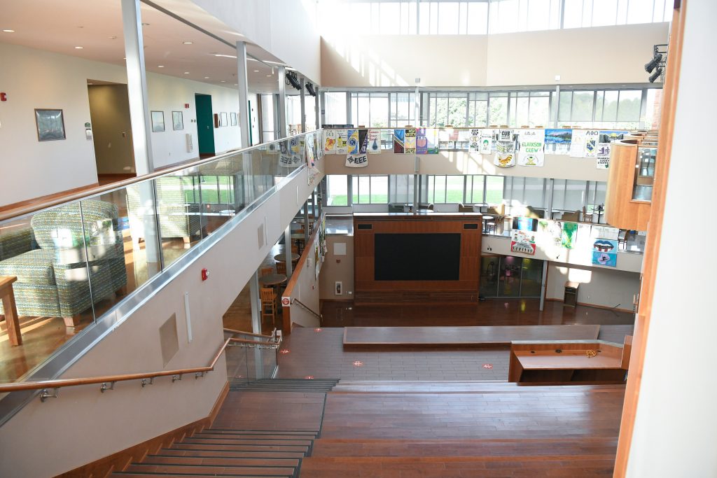 Looking down the stairs of the Student Center Atrium at Clarkson